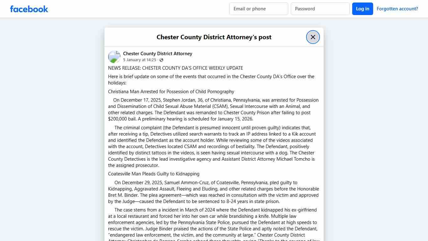 NEWS RELEASE: CHESTER... - Chester County District Attorney Facebook